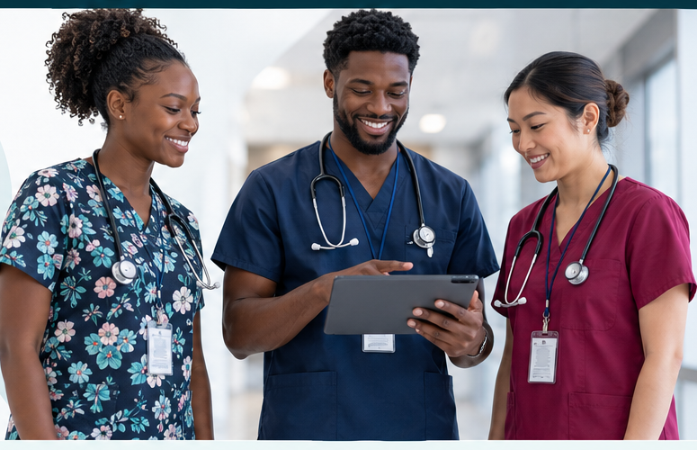 Three nurses from diverse backgrounds reviewing a tablet